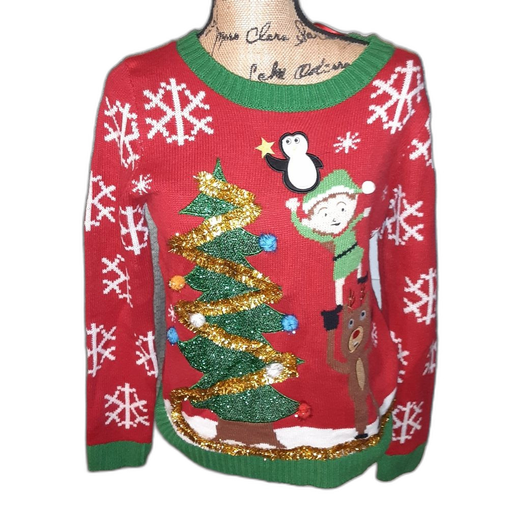 Joyland Medium Red/GreenChristmas Sweater with Snowflakes and Tree NWT